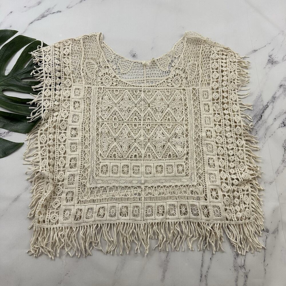 Raga Womens Sheer Crochet Top Size M Cream Floral Boho Fringe Lace